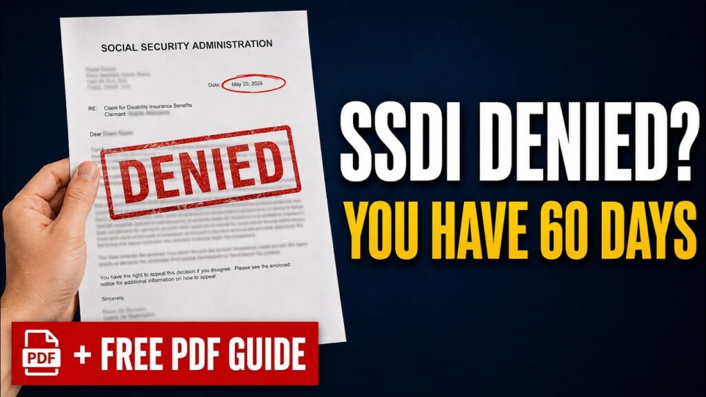 Hand holding a Social Security Administration SSDI denial letter stamped DENIED with the 60-day appeal deadline
