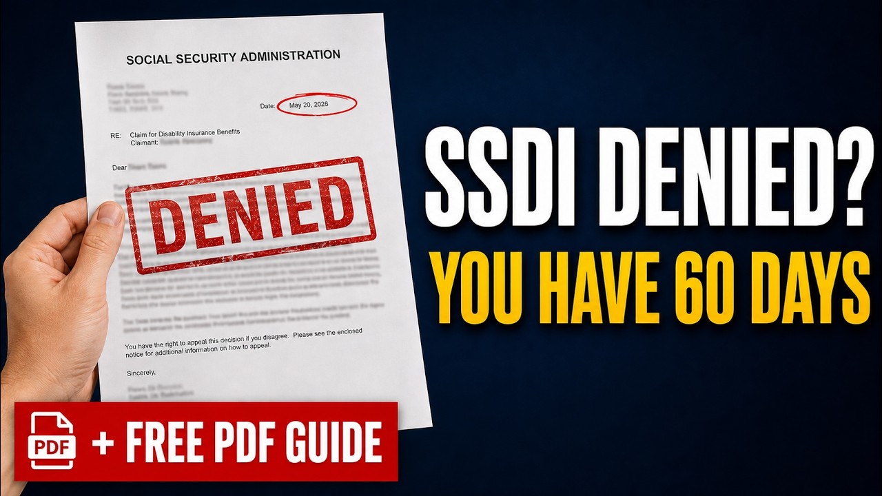 Hand holding a Social Security Administration SSDI denial letter stamped DENIED with the 60-day appeal deadline